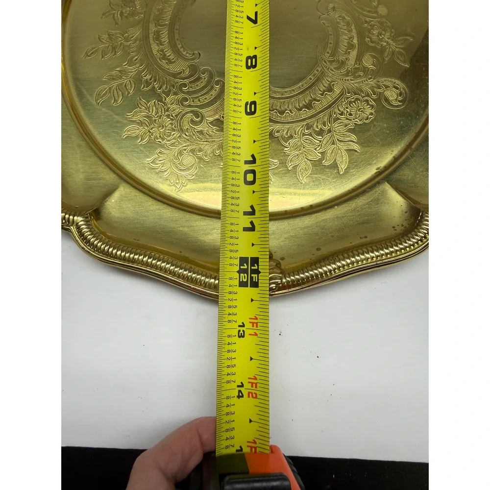 Vintage Gold Tone Etched Floral Round Serving Tray Scalloped Shell Rim 12.5 Inch